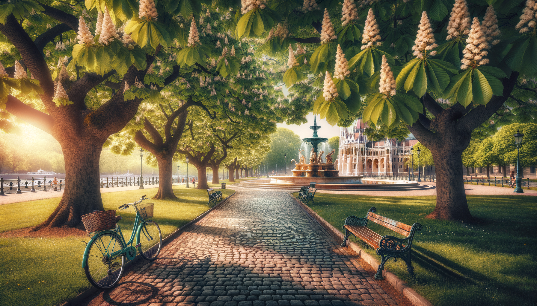 Tree-lined cobblestone path on Margaret Island in spring with bicycles and chestnut blossoms