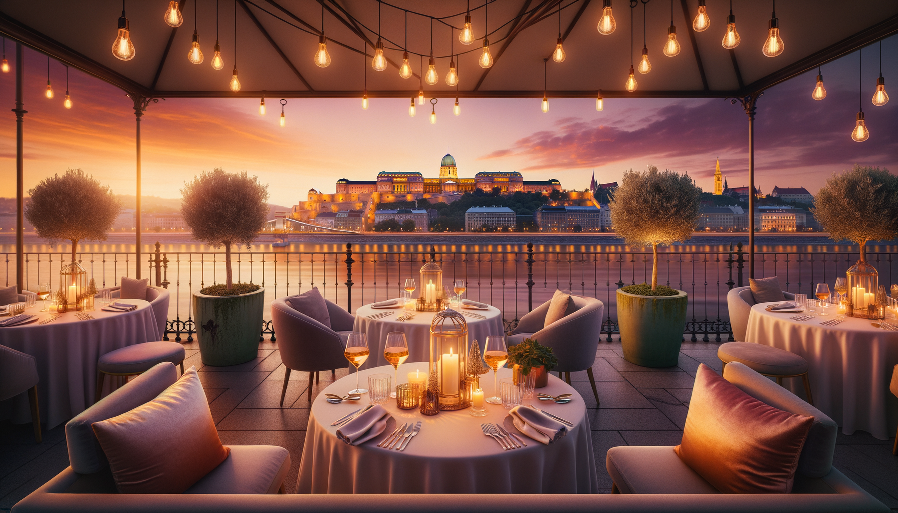 Elegant rooftop terrace in Budapest at sunset overlooking the Danube and Buda Castle